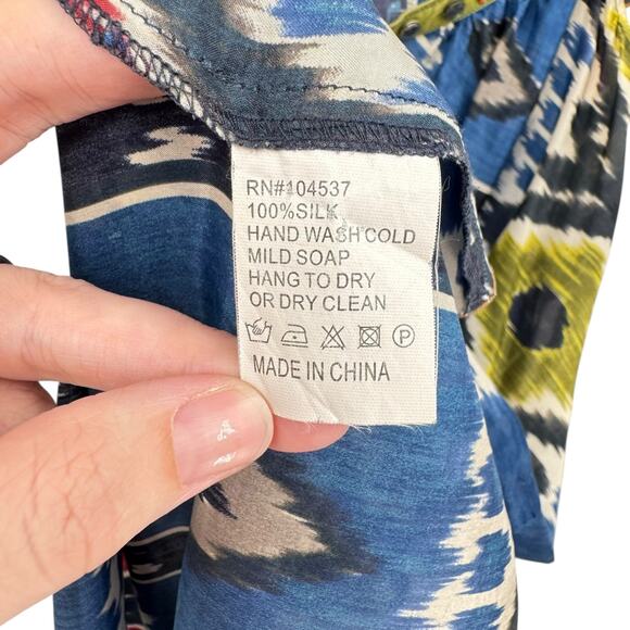 Burning Torch Colorful Ikat Print Embellished Square Neck 100% Silk Dress - Picture 11 of 11